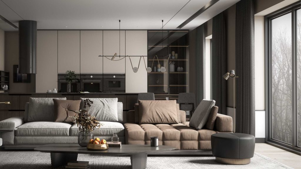 Large brown couch with pendant lights