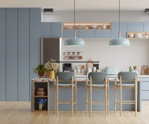 Blue Kitchen with blue overhead lights and stools