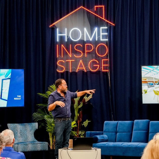 Man presenting on home inspo stage at the Brisbane Home show