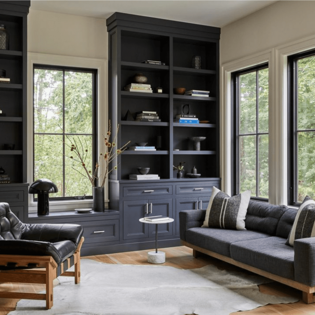 Dark blue shelving